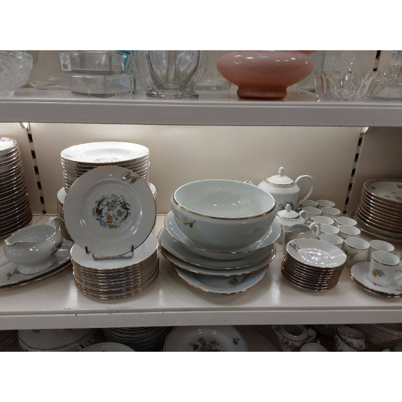 SERVICE DE TABLE PORCELAINE L\'OR BLANC MOTIF OISEAUX DE PARADIS